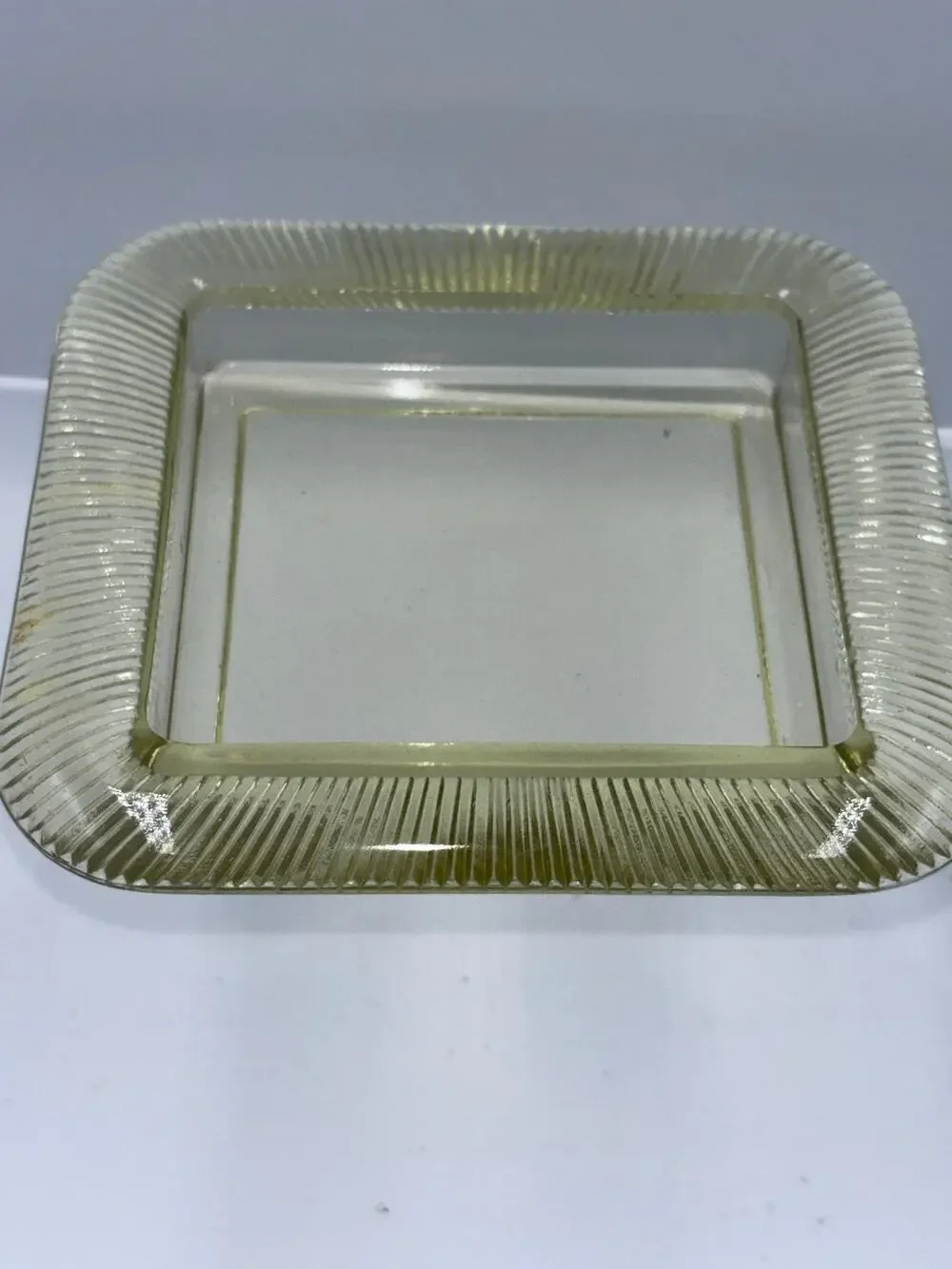 Vintage Uranium Yellow Glass Square Dish Ribbed Vaseline Glows Ribbed Border